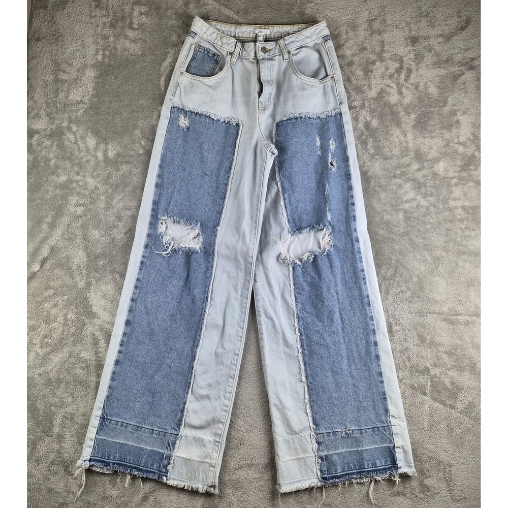 Forever 21 Jeans 26 Two Tone Blue Denim Patchwork Low Rise Wide Leg Distress Y2K